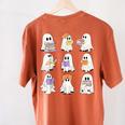 Cute Ghost Reading Books Teacher Halloween Reading Men Women Kids Women's Comfort Colors T-Shirt Back Print Yam