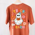 Groovy Halloween Trick Or Teach Retro Floral Ghost Teacher For Men Women Kids Women's Comfort Colors T-Shirt Back Print Yam
