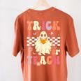 Groovy Teacher Halloween Retro Trick Or Teach Floral Ghost Women's Comfort Colors T-Shirt Back Print Yam Groovy Teacher Halloween Retro Trick Or Teach Floral Ghost Women's Comfort Colors T-Shirt Back Print Yam