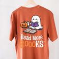 Halloween Teacher Women Cute Reading Ghost Read More Books Women's Comfort Colors T-Shirt Back Print Yam