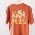 Inclusion Isn't Scary Mummy Boo Ghost Halloween SLP Teacher Women's Comfort Colors T-Shirt Back Print Yam Inclusion Isn't Scary Mummy Boo Ghost Halloween SLP Teacher Women's Comfort Colors T-Shirt Back Print Yam