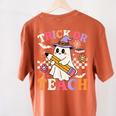 Retro Floral Ghost Trick Or Teach Groovy Teacher Halloween Women's Comfort Colors T-Shirt Back Print Yam