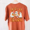 Teacher Halloween Trick Or Teach Retro Groovy Floral Ghost Women's Comfort Colors T-Shirt Back Print Yam Teacher Halloween Trick Or Teach Retro Groovy Floral Ghost Women's Comfort Colors T-Shirt Back Print Yam