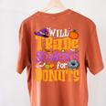 Will Trade Students For Donuts Halloween Teacher Women's Comfort Colors T-Shirt Back Print Yam