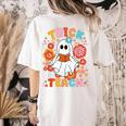 Groovy Halloween Trick Or Teach Retro Floral Ghost Teacher For Men Women Kids Women's Comfort Colors T-Shirt Back Print Ivory