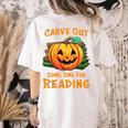Halloween Teacher Librarian Pumpkin Reading Books Men Women Kids Women's Comfort Colors T-Shirt Back Print Ivory