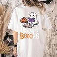 Halloween Teacher Women Cute Reading Ghost Read More Books Women's Comfort Colors T-Shirt Back Print Ivory