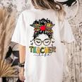 Teacher Life Messy Bun Glasses Leopard Sunflower Women's Comfort Colors T-Shirt Back Print Ivory