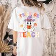 Trick Or Teach Teacher Groovy Ghost Halloween Teacher Women's Comfort Colors T-Shirt Back Print Ivory