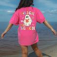 Groovy Halloween Trick Or Teach Retro Floral Ghost Teacher Women's Comfort Colors T-Shirt Back Print Crunchberry
