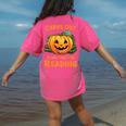 Halloween Teacher Librarian Pumpkin Reading Books Men Women Kids Women's Comfort Colors T-Shirt Back Print Crunchberry