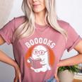 Cute Ghost Book Reading Books Lover Retro Halloween Teacher Women's Heather T-Shirt Heather Mauve