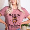 This Is My Tired Teacher Costume Skull Halloween Messy Bun Women's Heather T-Shirt Heather Mauve This Is My Tired Teacher Costume Skull Halloween Messy Bun Women's Heather T-Shirt Heather Mauve
