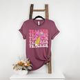 Teacher Pencil Back To School Groovy Pink Teacher First Day Women's Heather T-Shirt Heather Maroon