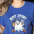 Boo Jour Ghost Halloween French Teacher Cute Coffe Croissant Women's Heather T-Shirt Heather True Royal Boo Jour Ghost Halloween French Teacher Cute Coffe Croissant Women's Heather T-Shirt Heather True Royal