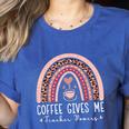 Coffee Gives Me Teacher Powers Leopard Rainbow Teacher Women's Heather T-Shirt Heather True Royal Coffee Gives Me Teacher Powers Leopard Rainbow Teacher Women's Heather T-Shirt Heather True Royal