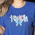Coquette Bow Teach Teacher Happy First Day Back To School Women's Heather T-Shirt Heather True Royal