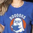 Cute Ghost Book Reading Books Lover Retro Halloween Teacher Women's Heather T-Shirt Heather True Royal