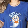 Cute Ghost Book Reading Halloween Teacher Women's Heather T-Shirt Heather True Royal