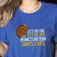 Lets Eat Kids Punctuation Turkey Thanksgiving Teacher Women's Heather T-Shirt Heather True Royal