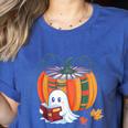 Fall Book Pumpkin Ghost Reading Books Halloween Teacher Women's Heather T-Shirt Heather True Royal