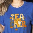 Fall Teacher Pumpkin Coquette Bow Autumn Classroom Women's Heather T-Shirt Heather True Royal