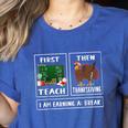 First Teach Then Thanksgiving I'm Earning A Break Teacher Women's Heather T-Shirt Heather True Royal