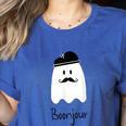 French Teacher Halloween Bonjour Ghost Women's Heather T-Shirt Heather True Royal