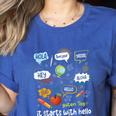 Friendship Inclusion Language Teacher It Starts With Hello Women's Heather T-Shirt Heather True Royal