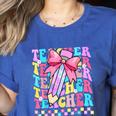 Groovy Teacher Cute Coquette Bow Flower Retro Back To School Women's Heather T-Shirt Heather True Royal Groovy Teacher Cute Coquette Bow Flower Retro Back To School Women's Heather T-Shirt Heather True Royal