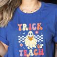 Groovy Teacher Halloween Retro Trick Or Teach Floral Ghost Women's Heather T-Shirt Heather True Royal Groovy Teacher Halloween Retro Trick Or Teach Floral Ghost Women's Heather T-Shirt Heather True Royal