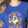 Halloween Teacher You Can't Scare Me I Teach First Grade Women's Heather T-Shirt Heather True Royal Halloween Teacher You Can't Scare Me I Teach First Grade Women's Heather T-Shirt Heather True Royal