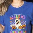 Halloween Teacher You Can't Scare Me I Teach Kindergarten Women's Heather T-Shirt Heather True Royal Halloween Teacher You Can't Scare Me I Teach Kindergarten Women's Heather T-Shirt Heather True Royal