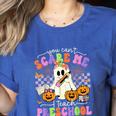 Halloween Teacher You Can't Scare Me I Teach Preschool Women's Heather T-Shirt Heather True Royal