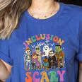 Inclusion Isnt Scary Halloween Skeleton Ghost Sped Teacher Women's Heather T-Shirt Heather True Royal Inclusion Isnt Scary Halloween Skeleton Ghost Sped Teacher Women's Heather T-Shirt Heather True Royal