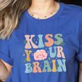 Kiss Your Brain Teacher Inspire Educate Groovy Retro Vintage Women's Heather T-Shirt Heather True Royal