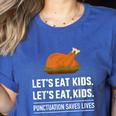 Let's Eat Kids Grammar For Thanksgiving Teacher Women's Heather T-Shirt Heather True Royal Let's Eat Kids Grammar For Thanksgiving Teacher Women's Heather T-Shirt Heather True Royal
