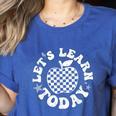 Let's Learn Today Checkered Apple Back To School Teacher Women's Heather T-Shirt Heather True Royal Let's Learn Today Checkered Apple Back To School Teacher Women's Heather T-Shirt Heather True Royal