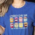 Literacy Is My Jam And I'm Here To Spread Literacy Teacher Women's Heather T-Shirt Heather True Royal Literacy Is My Jam And I'm Here To Spread Literacy Teacher Women's Heather T-Shirt Heather True Royal