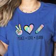 Peace Love Learn Tie Dye Teacher Kids 100th Days Of School Women's Heather T-Shirt Heather True Royal Peace Love Learn Tie Dye Teacher Kids 100th Days Of School Women's Heather T-Shirt Heather True Royal