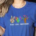 Peace Love Montessori Daycare Teacher Appreciation Women's Heather T-Shirt Heather True Royal Peace Love Montessori Daycare Teacher Appreciation Women's Heather T-Shirt Heather True Royal
