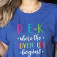 Pre-K Teacher Adventure Begins First Day Preschool Teachers Women's Heather T-Shirt Heather True Royal Pre-K Teacher Adventure Begins First Day Preschool Teachers Women's Heather T-Shirt Heather True Royal