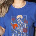 Read In Peace Skeleton Reading Book Halloween Teacher Women's Heather T-Shirt Heather True Royal