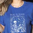 Read In Peace Skeleton Reading Teacher Spooky Halloween Women's Heather T-Shirt Heather True Royal