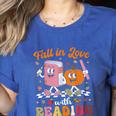 Retro Fall In Love With Learning Pumpkin Autumn Teacher Women's Heather T-Shirt Heather True Royal Retro Fall In Love With Learning Pumpkin Autumn Teacher Women's Heather T-Shirt Heather True Royal