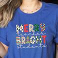 Retro Merry Teacher Bright Students Christmas Teacher Women's Heather T-Shirt Heather True Royal Retro Merry Teacher Bright Students Christmas Teacher Women's Heather T-Shirt Heather True Royal