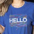 Start With Hello Different World Language Learning Teacher Women's Heather T-Shirt Heather True Royal Start With Hello Different World Language Learning Teacher Women's Heather T-Shirt Heather True Royal