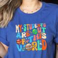 My Students Are Out Of This World Space Groovy Teacher Women's Heather T-Shirt Heather True Royal