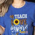 TEACH LOVE INSPIRE Teacher Sunflower Appreciation Women's Heather T-Shirt Heather True Royal TEACH LOVE INSPIRE Teacher Sunflower Appreciation Women's Heather T-Shirt Heather True Royal