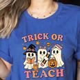 Teacher Halloween Trick Or Teach Cute Ghost Coffee Pumpkins Women's Heather T-Shirt Heather True Royal Teacher Halloween Trick Or Teach Cute Ghost Coffee Pumpkins Women's Heather T-Shirt Heather True Royal